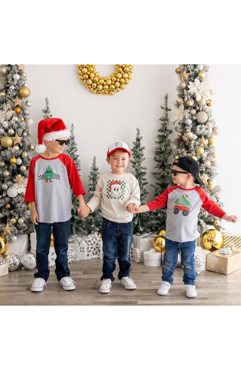 Sweet Wink Santa Dino Monster Truck Christmas 3/4 Shirt, Alternate, color, Heather/Red