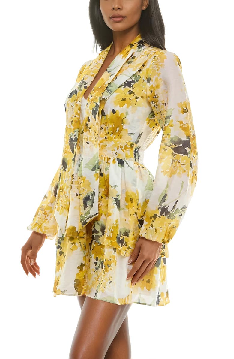 Socialite Floral Print Tiered Long Sleeve Minidress, Alternate, color, Yellow/ Sage