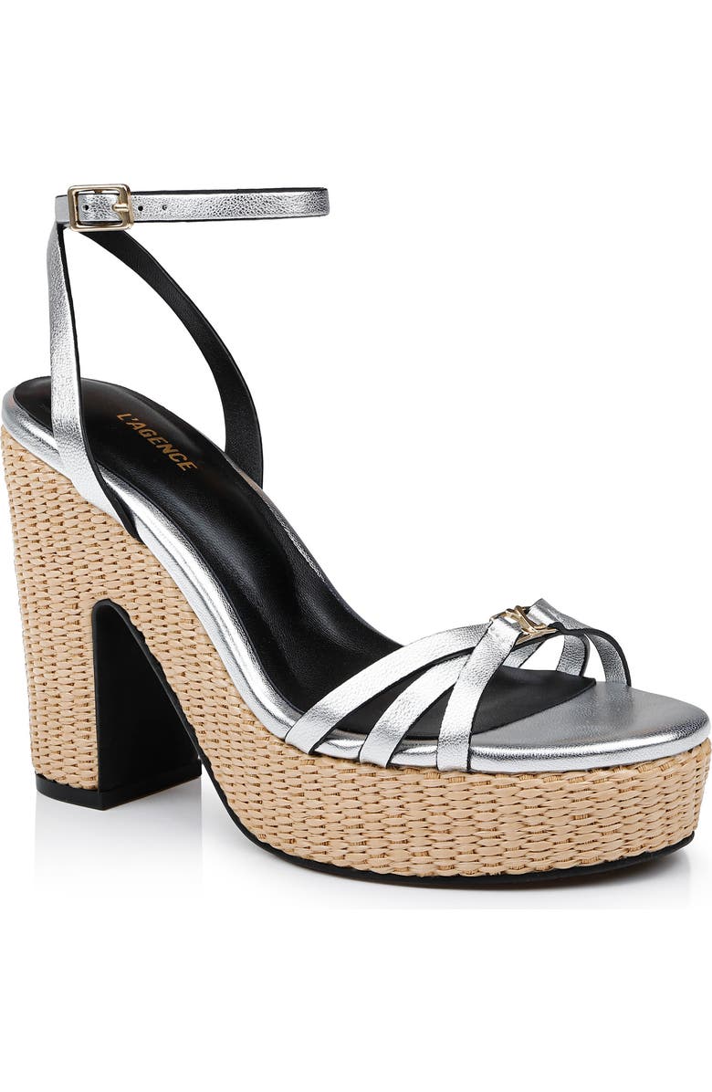 L'AGENCE Genevra Ankle Strap Platform Sandal, Main, color, Silver Leather