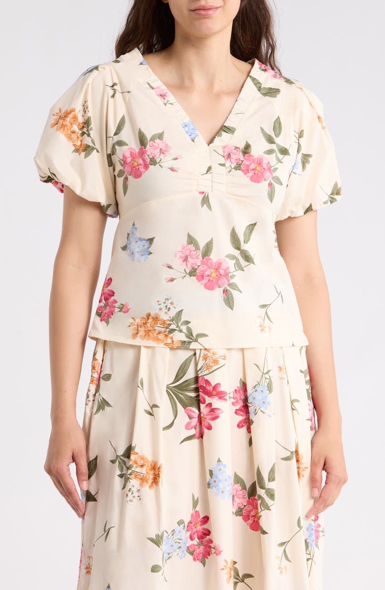 Ellen Tracy Balloon Sleeve Cotton Poplin Top, Main, color, Beige Garden Floral