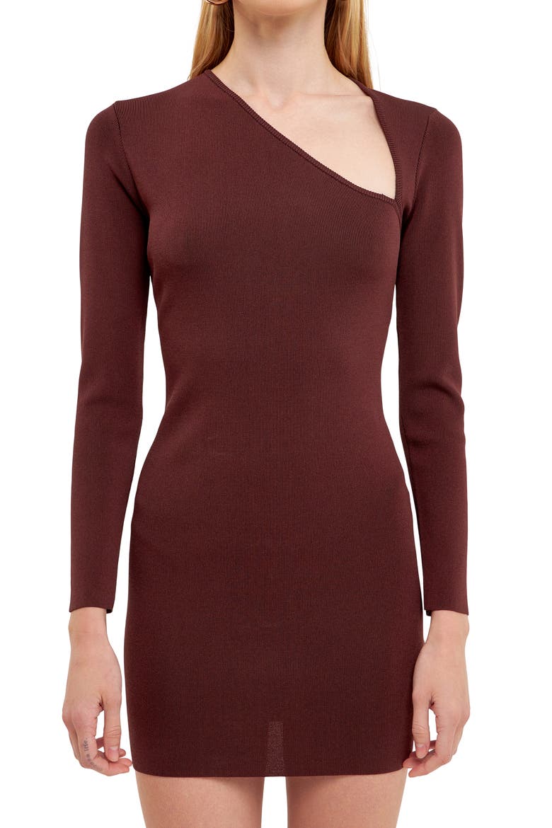 Cutout Long Sleeve Minidress, Alternate, color, BROWN