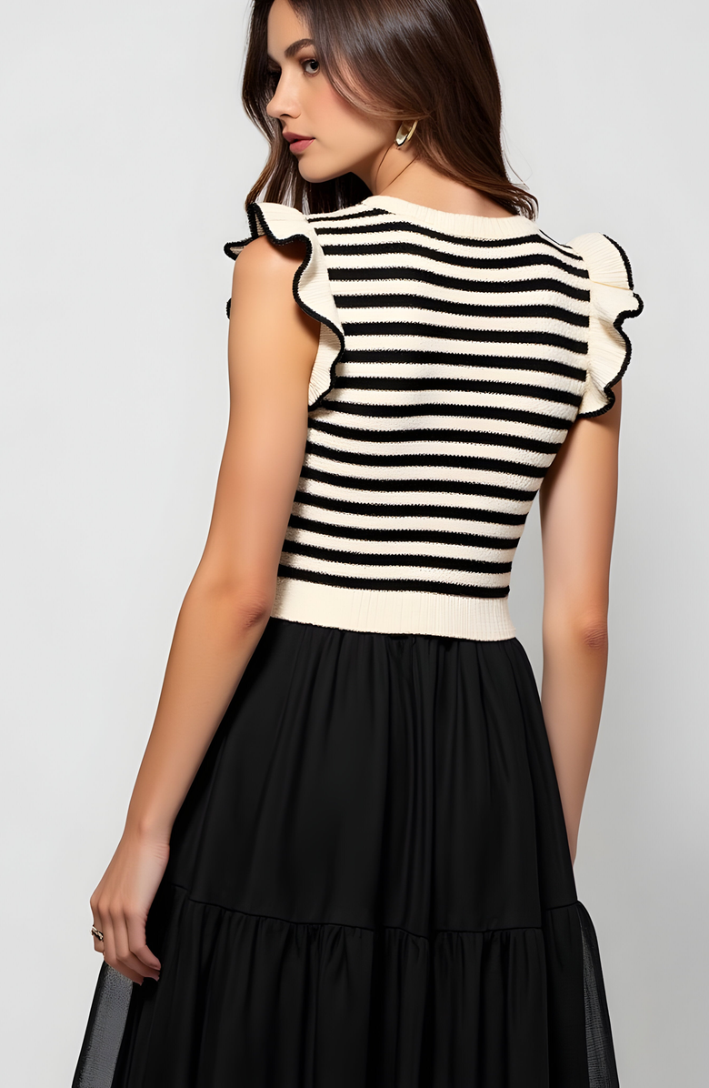 Modenaire Striped Knit Bodice Dress with Ruffle Sleeves and Tiered Skirt, Alternate, color, 