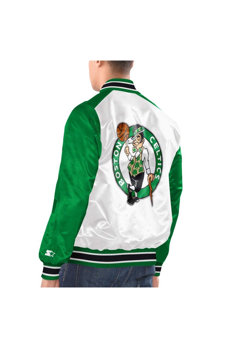 STARTER Men's Starter White/Kelly Green Boston Celtics Renegade Satin Full-Snap Varsity Jacket, Alternate, color, 