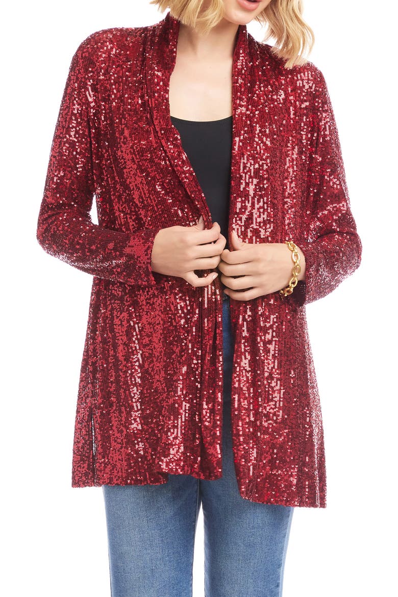 Sequin Open Front Jacket, Main, color, RUBY