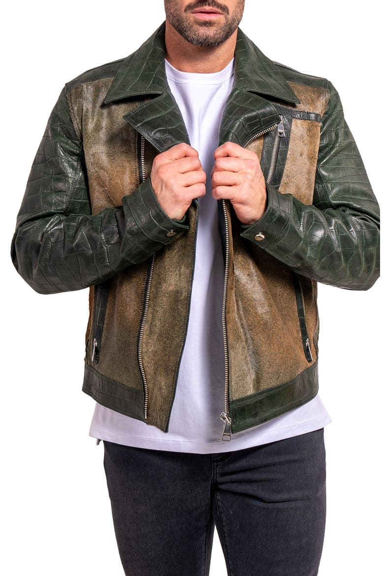 Ascension0026 Genuine Calf Hair & Croc Print Leather Jacket, Alternate, color, GREEN