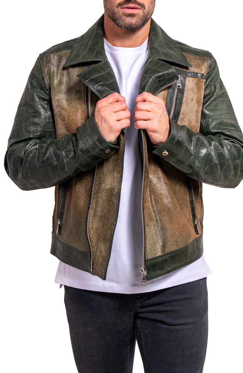 Maceoo Ascension0026 Genuine Calf Hair & Croc Print Leather Jacket, Alternate, color, Green