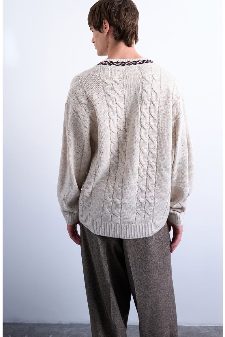 V-Neck Cable Nep Sweater, Alternate, color, ECRU