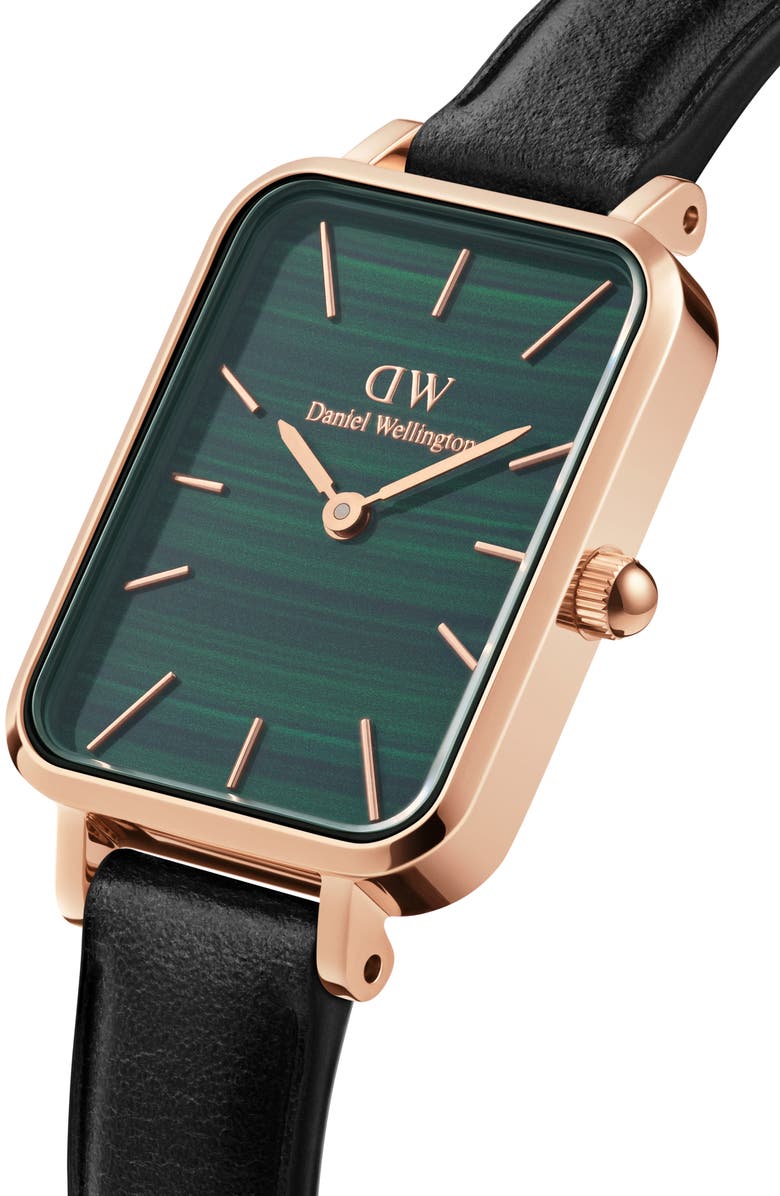 Daniel Wellington Quadro Melrose Leather Strap Watch, 20mm x 26mm, Alternate, color, Rose Gold/ Green
