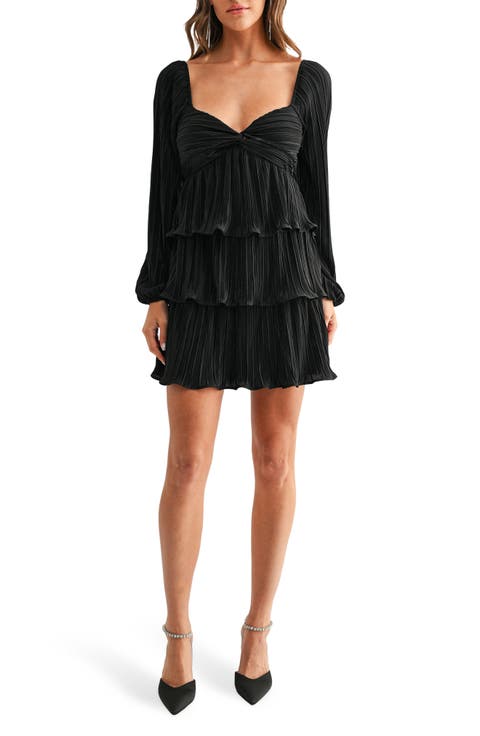Tiered Long Sleeve Plissé Dress