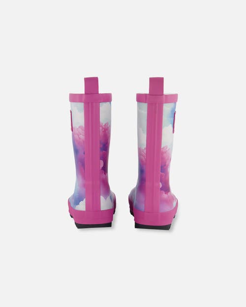 DEUX PAR DEUX DEUX PAR DEUX GIRL'S PRINTED RAIN BOOTS MULTICOLORED AND VIBRANT PINK BACKGROUND 