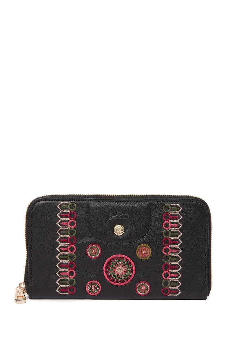 Longchamp Embroidered Leather Zip Around Wallet, Main, color, Blk/Fg/Khk
