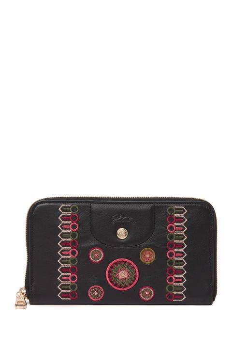 Embroidered Leather Zip Around Wallet