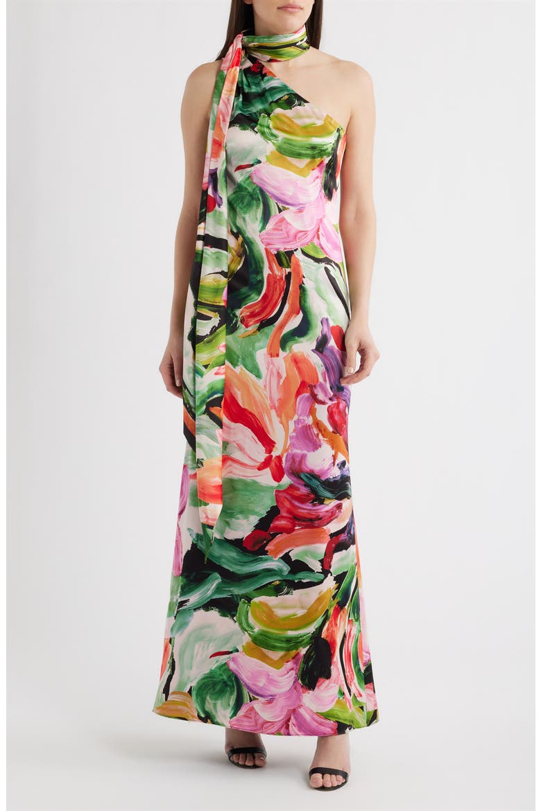 Abstract Painterly One-Shoulder Cocktail Dress, Main, color, GREEN/ BLACK MULTI