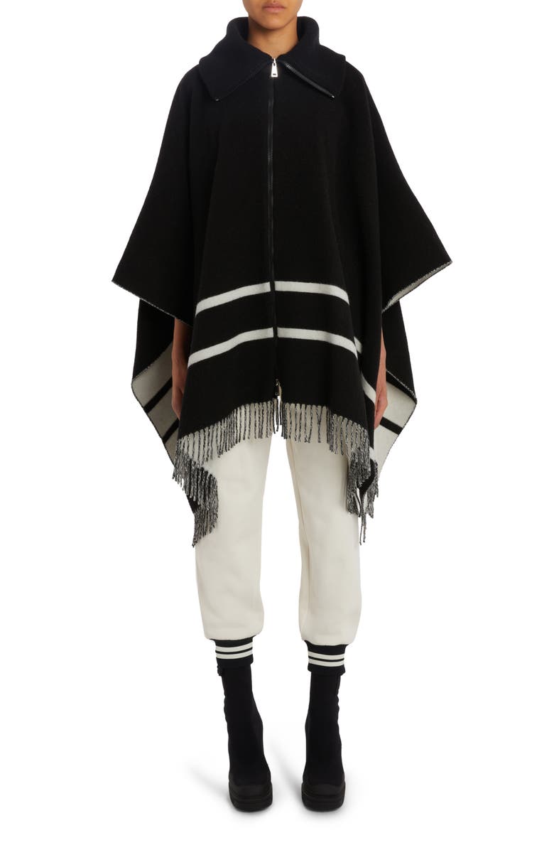 Moncler Fringe Wool Blend Cape, Alternate, color, 