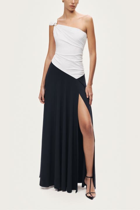 One-Shoulder Contrast Maxi Dress