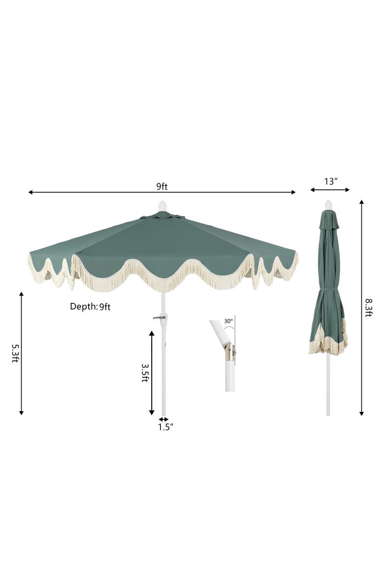 JONATHAN Y Collins Bohemian Fringe Outdoor Patio Umbrella with Crank Lift and Tilt, Scalloped UV-Resistant Canopy, Aluminum Pole, Alternate, color, Green/White Pole