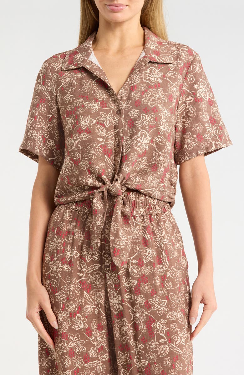 Sanctuary Baja Tie Front Short Sleeve Shirt, Main, color, Banshee Print Brown