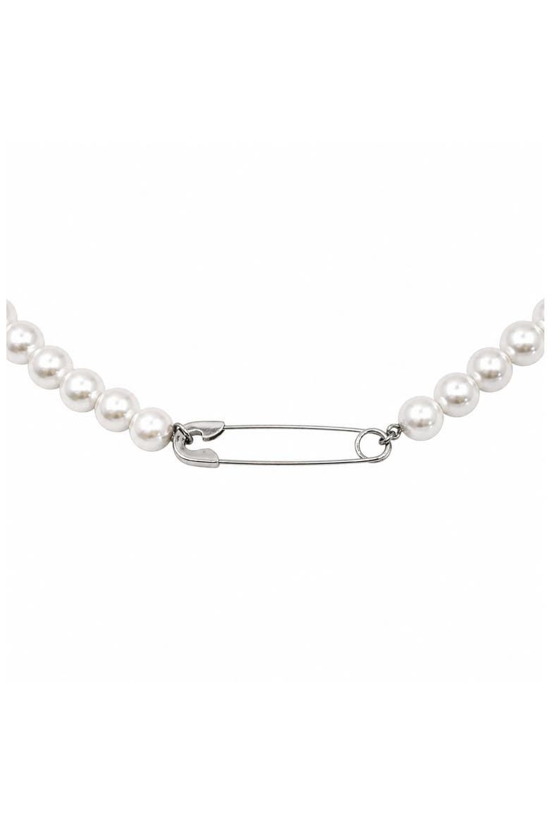 Safety Pin Pendant Faux Pearl Necklace, Main, color, WHITE