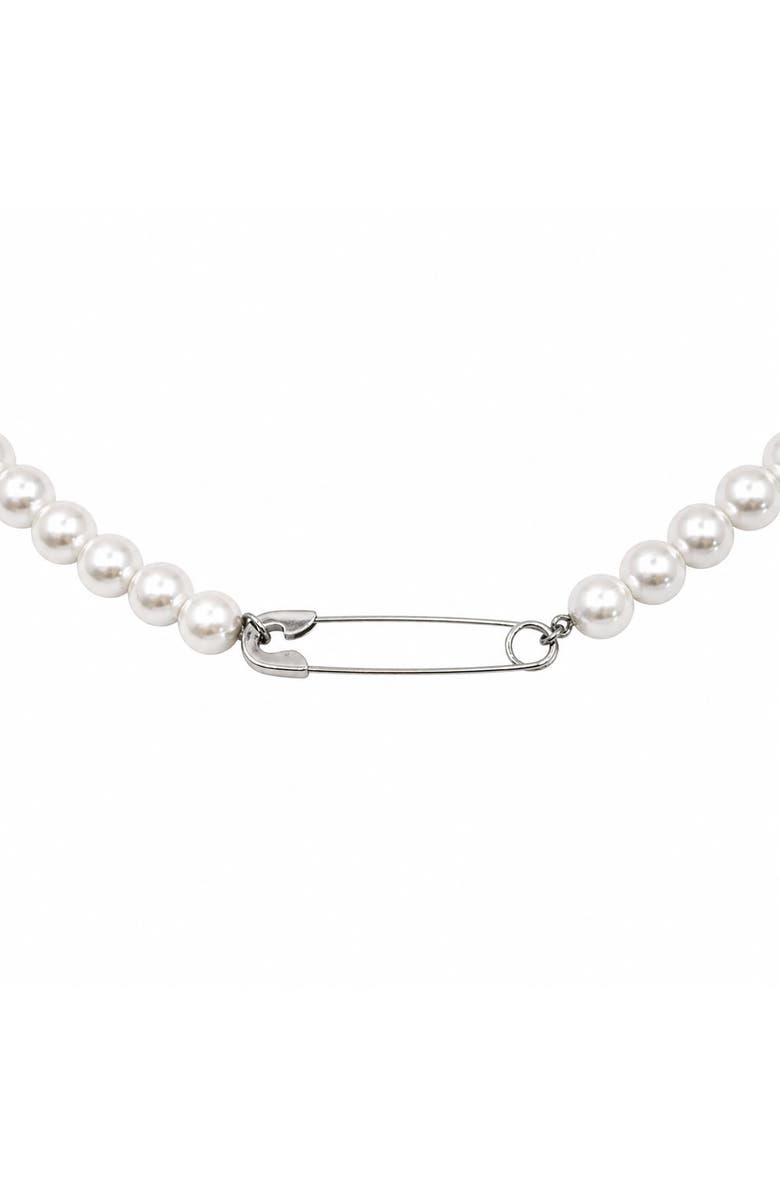 REBL Safety Pin Pendant Faux Pearl Necklace, Main, color, 