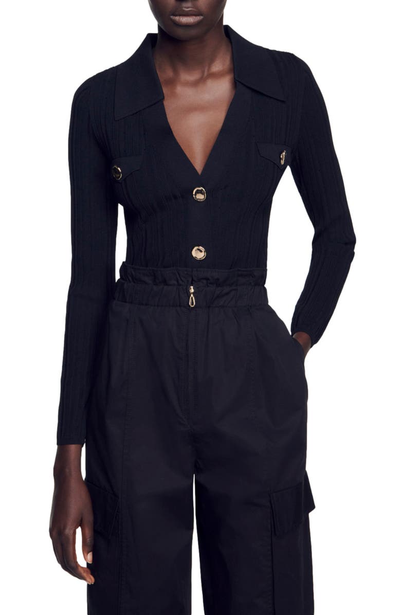 SANDRO Hind Rib Pointelle Crop Cardigan, Main, color,