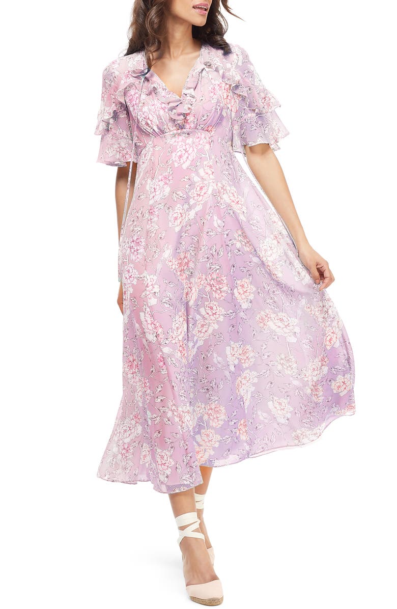 Gal Meets Glam Collection Shelby Tie Neck Ruffle Maxi Dress, Main, color, 