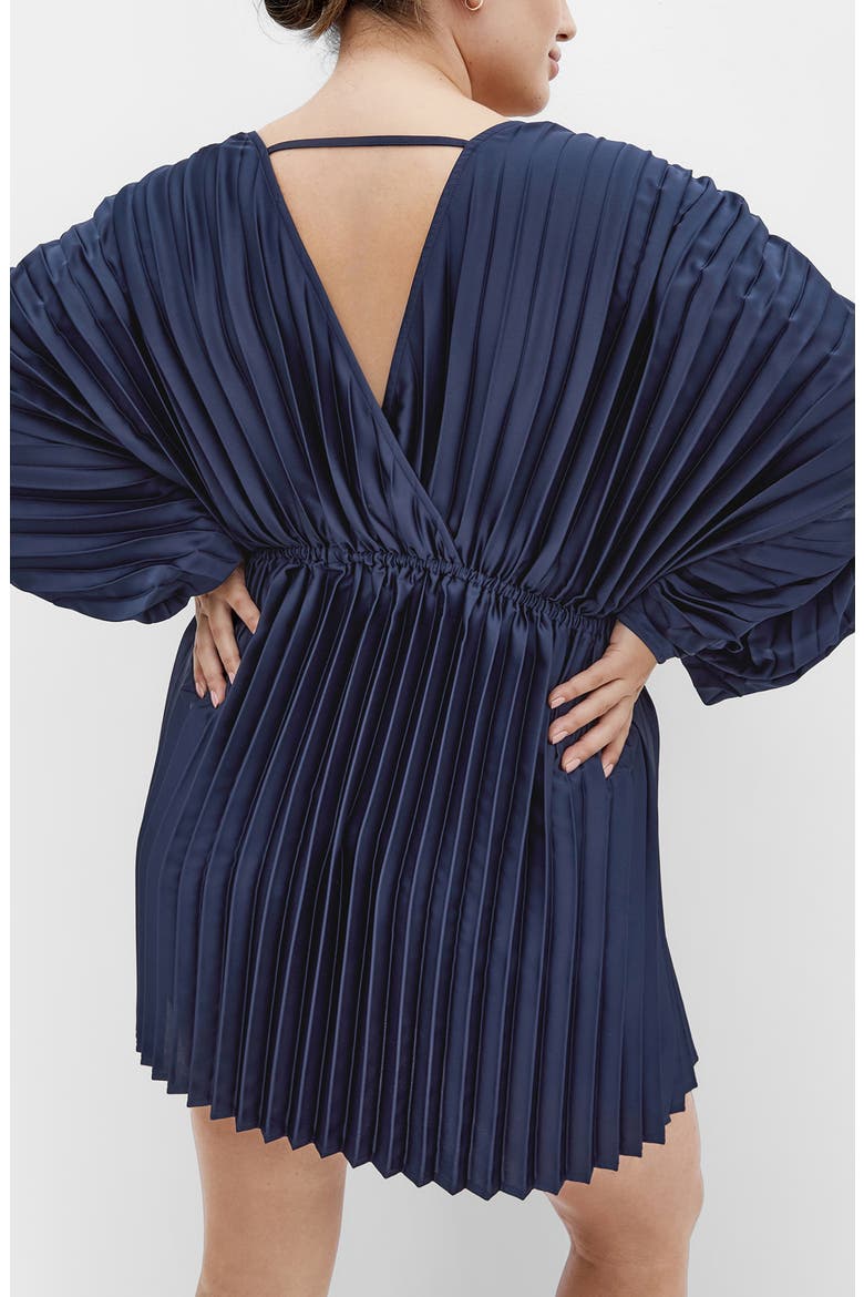 Chloe Pleated Long Sleeve Satin Minidress, Alternate, color, NAVY