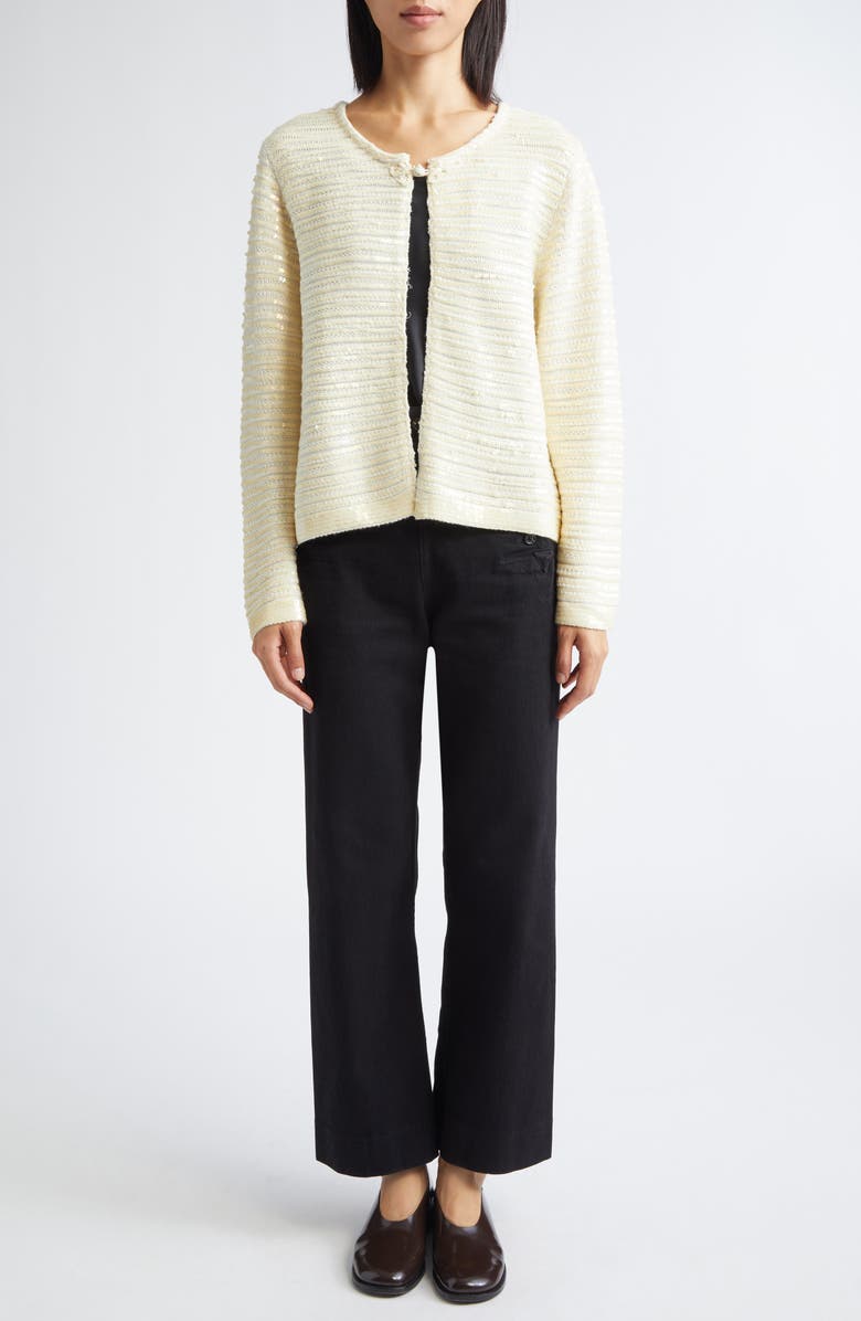 Bode Spotlight Sequin Virgin Wool Swing Cardigan, Alternate, color, Ivory