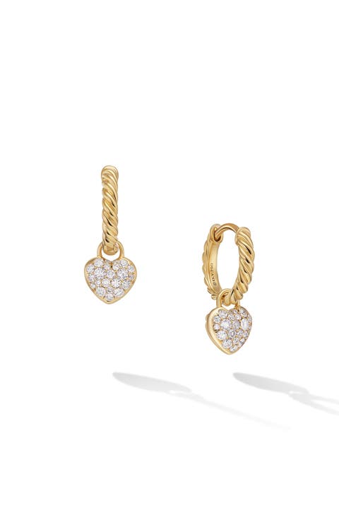 Petite Pavé Heart Drop Earrings in 18K Yellow Gold with Diamonds, 16.4mm