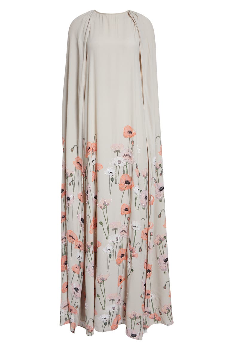 Minnie Embroidered Cape Gown, Alternate, color, PINK CORAL POPPIES