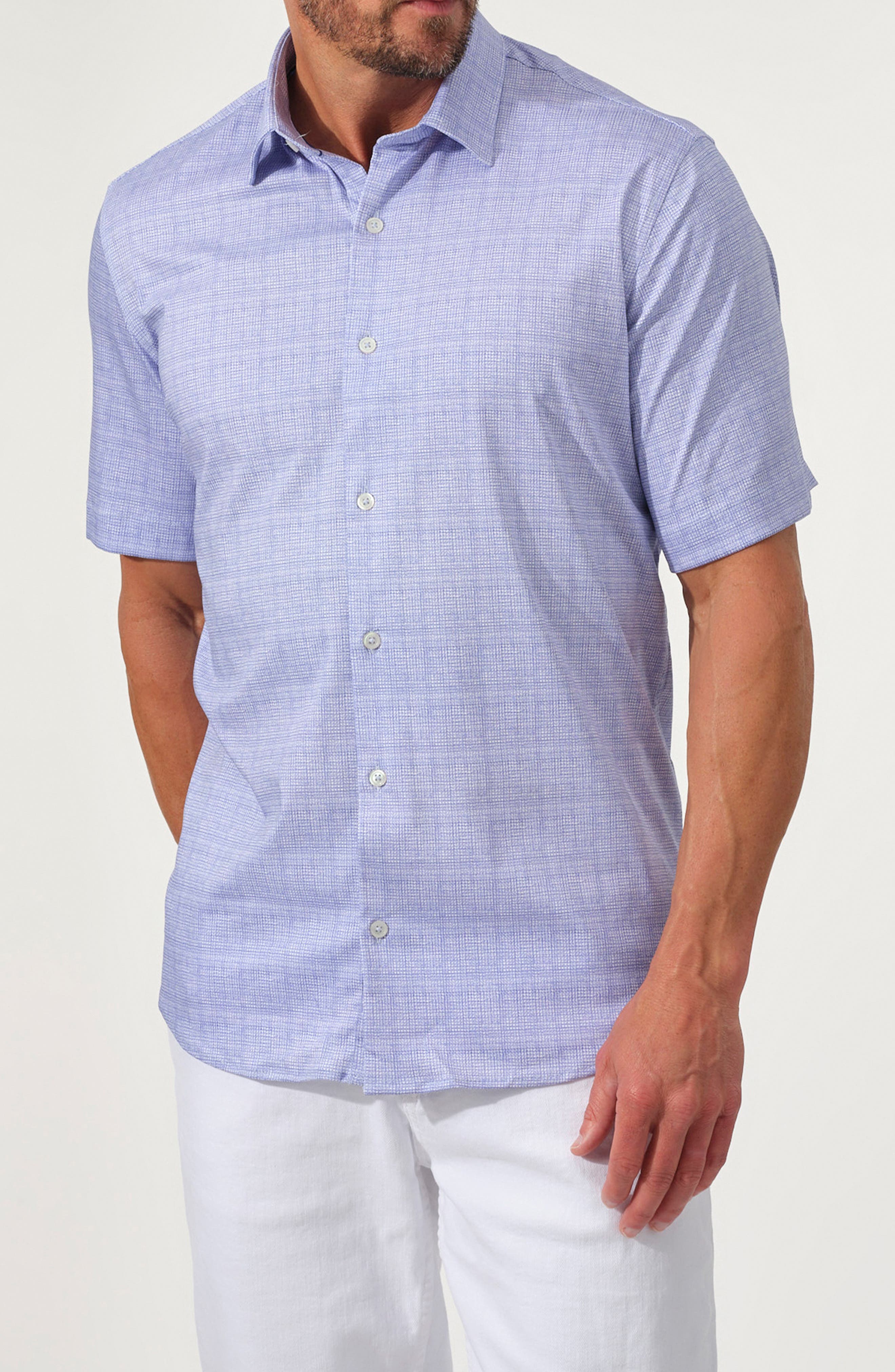 STUDIO GARNET LOS ANGELES Dynamic Comfort Short Stretch Cotton Sleeve Button-Up Shirt