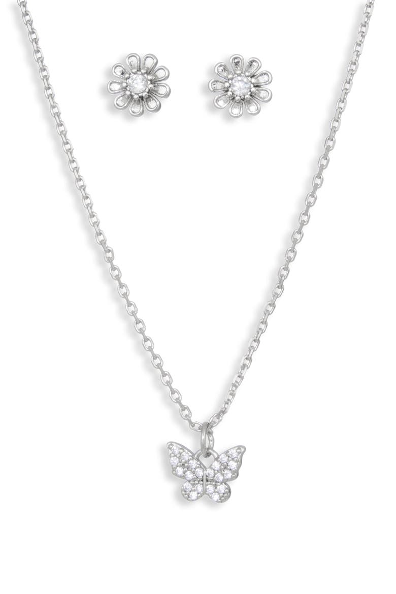 Daisy & Pavé Butterfly 2-Piece Jewelry Set, Alternate, color, CLEAR/ SILVER