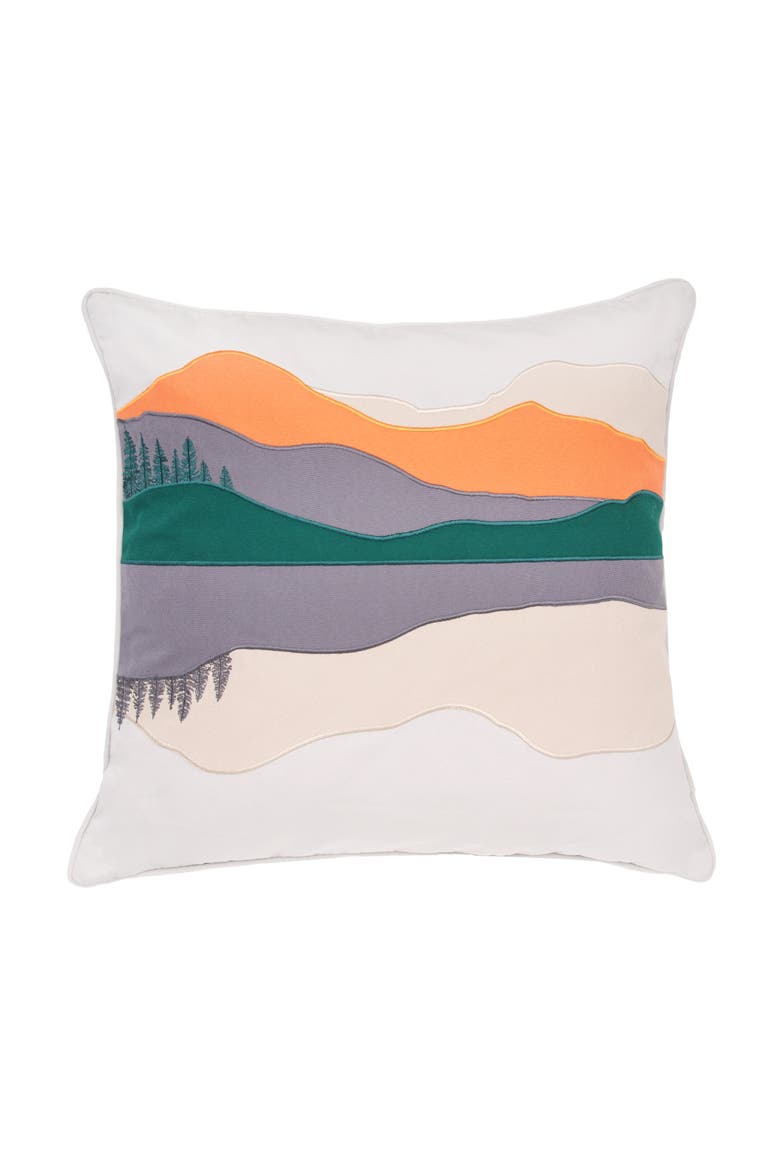 Sunset Forest Mountain Indoor/Outdoor Pillow, Main, color, Gray