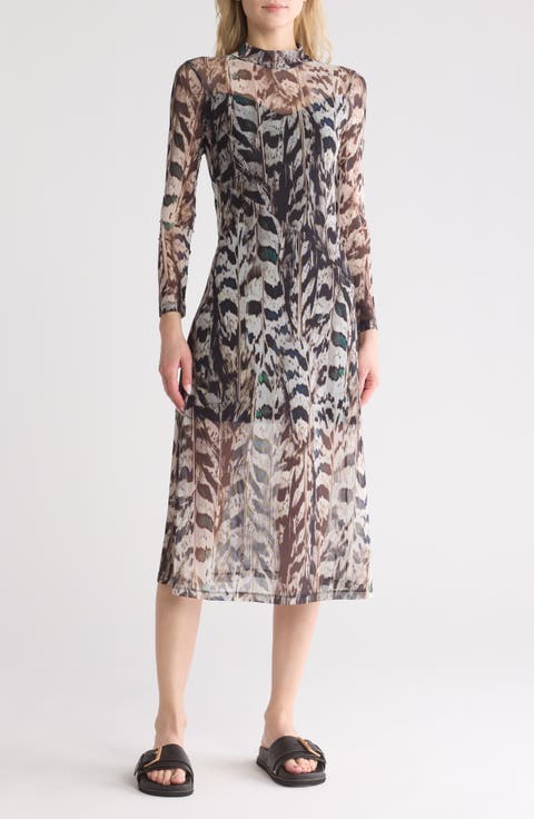 Hanna Ines Long Sleeve Mesh Midi Dress