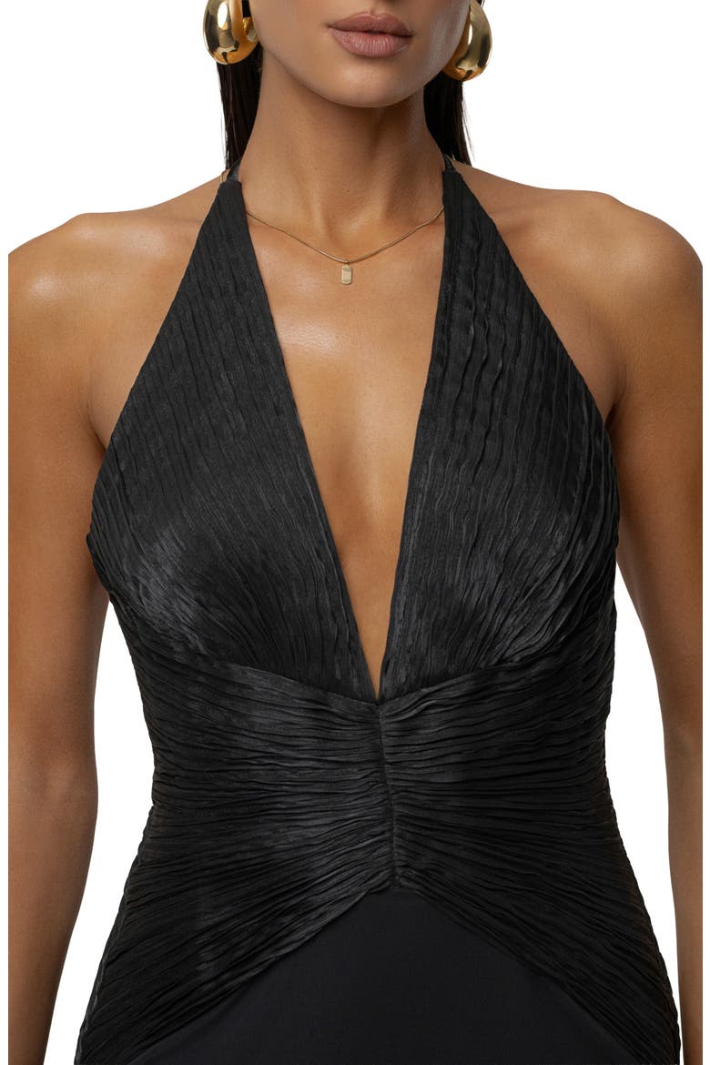 Enchanted Plunge Neck Mixed Media Gown, Alternate, color, BLACK