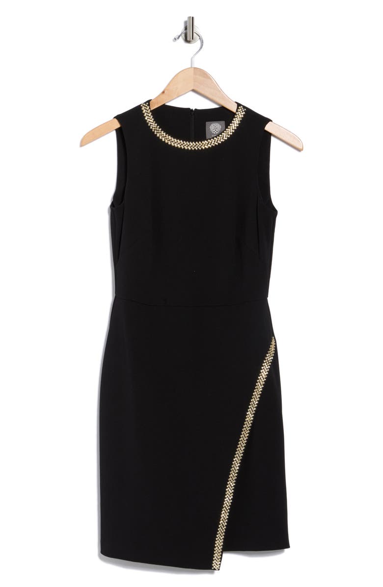 Vince Camuto Crystal Embellished Asymmetric Scuba Knit Crepe Sheath Dress, Alternate, color, Black