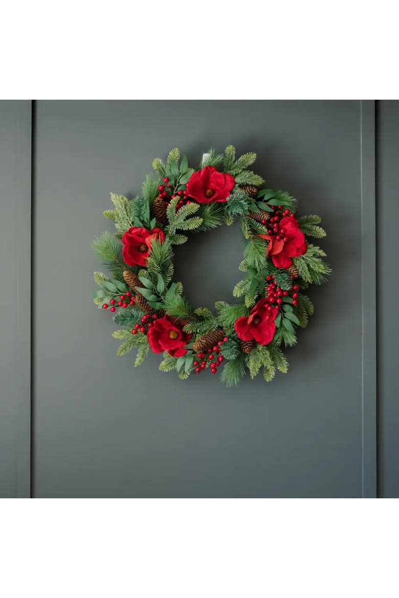 26" Pre-Lit Red Magnolia Pinecone & Berry Wreath, Alternate, color, Red magnolia, pinecone & berry