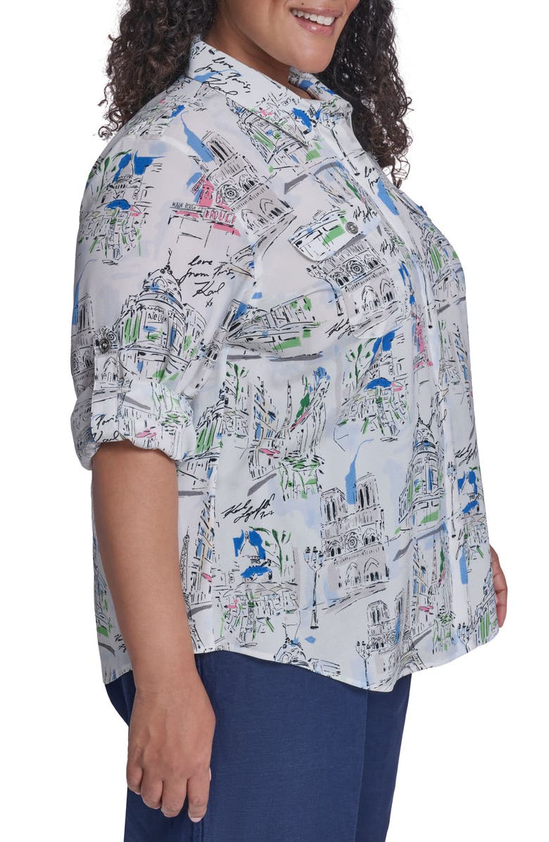 KARL LAGERFELD PARIS Oversize Printed Button-Up Shirt, Alternate, color, Soft White Multi