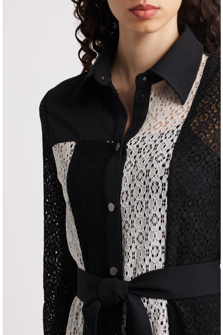 Tie Waist Long Sleeve Lace Midi Dress, Alternate, color, BLACK/ WHITE