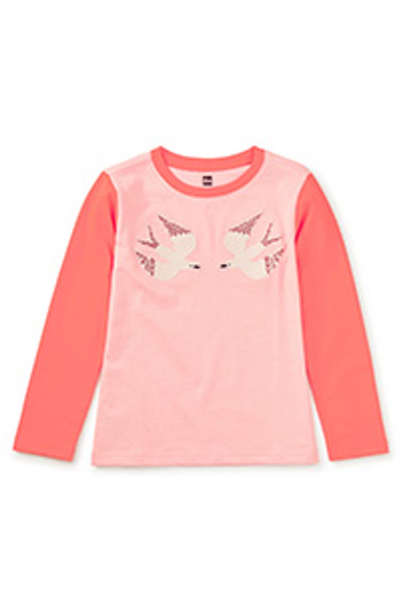 Tea Collection Embroidered Magpies Blocked Tee, Main, color, Cherry Blossom