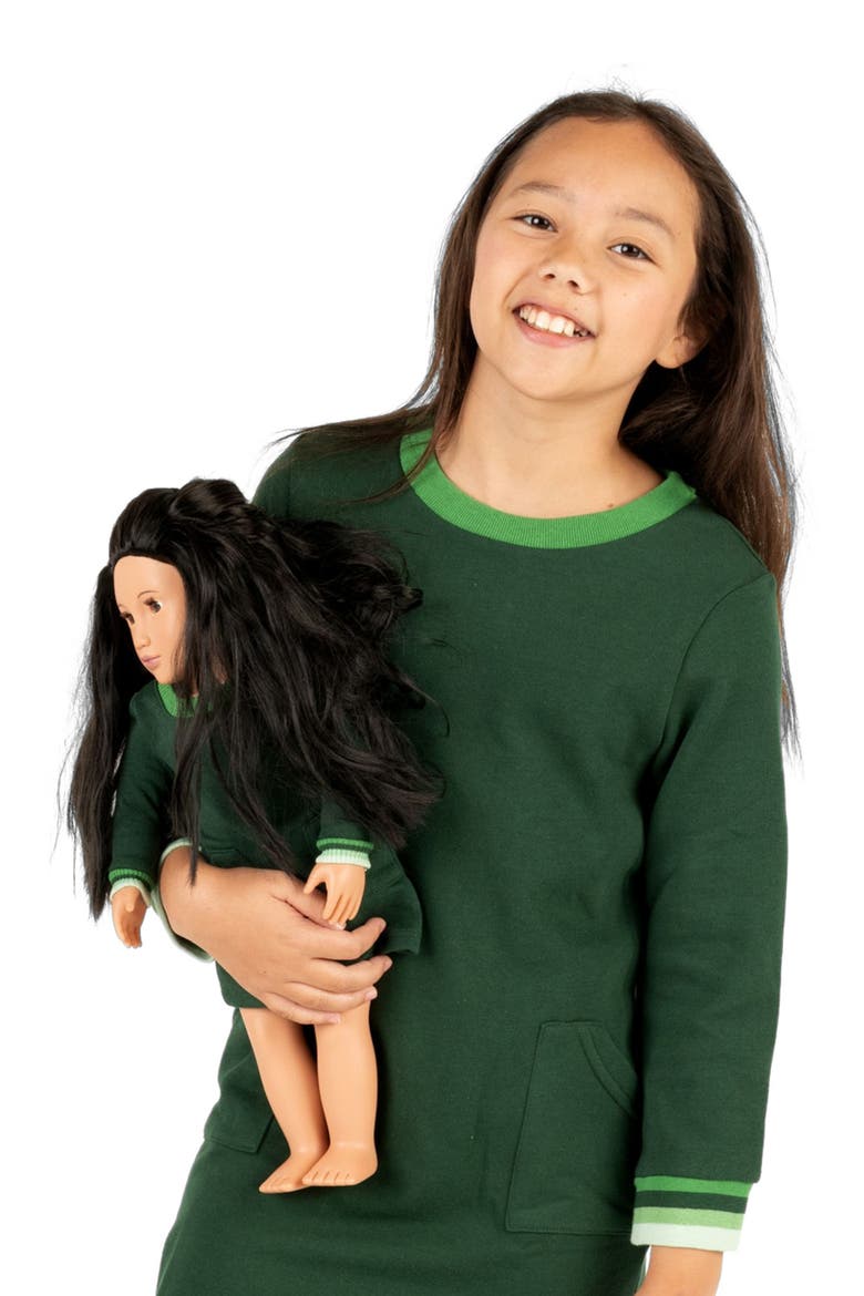 Girls Sweatshirt Dress with Matching Doll Dress, Alternate, color, GREEN