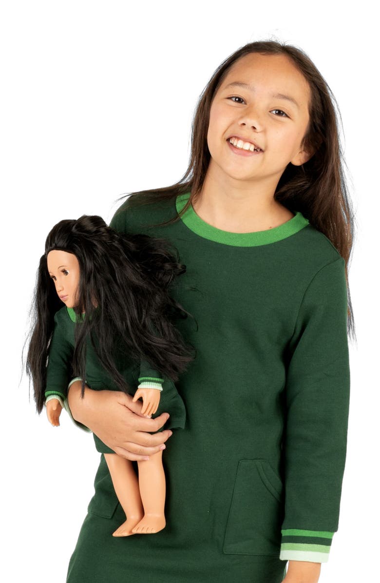 Leveret Girls Sweatshirt Dress with Matching Doll Dress, Alternate, color, Green