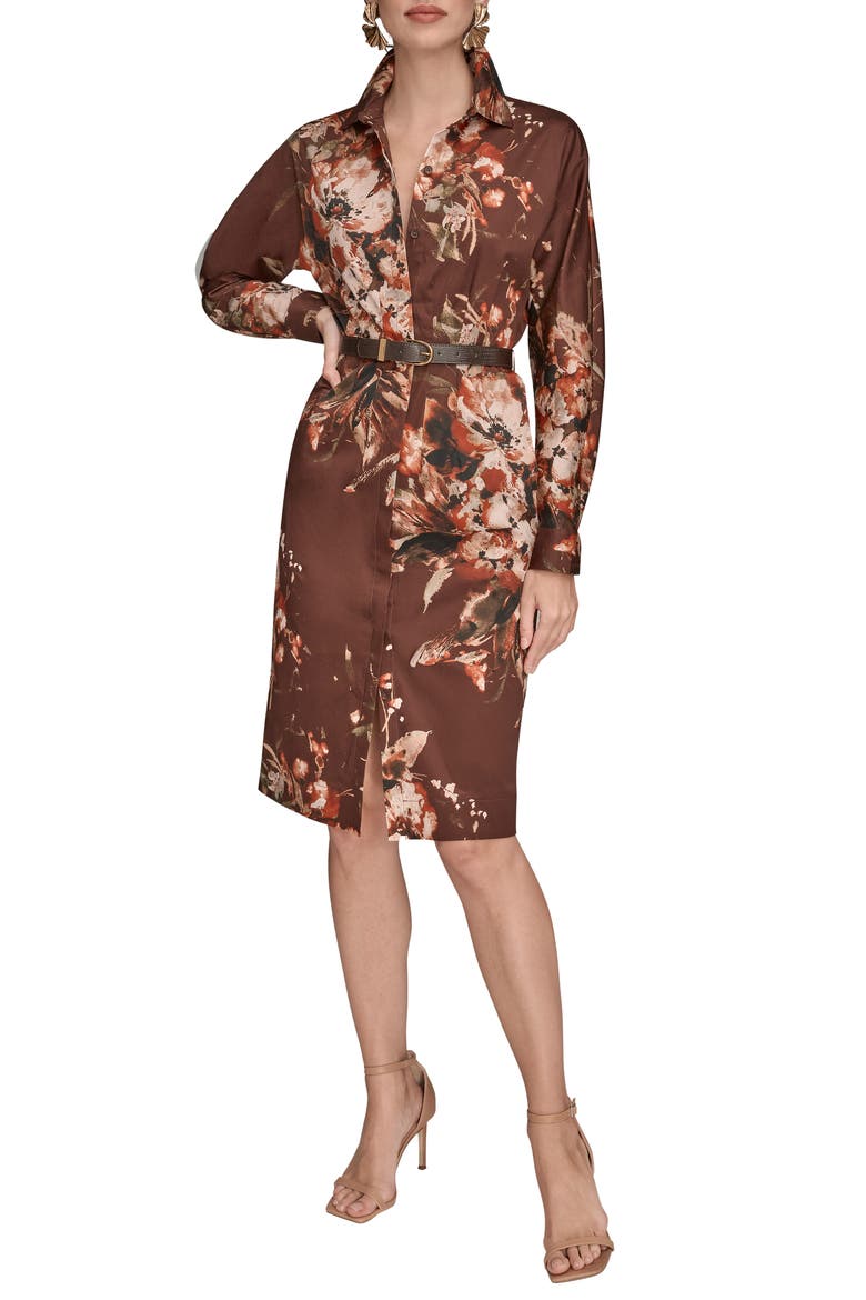 Floral Long Sleeve Belted Stretch Cotton Shirtress, Main, color, OXBLOOD MULTI