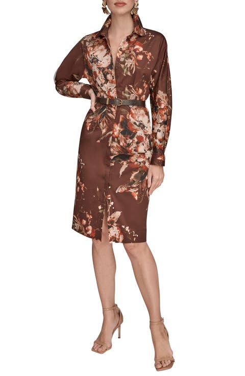 Floral Long Sleeve Belted Stretch Cotton Shirtress