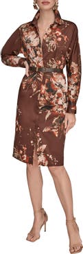 Donna Karan New York Floral Long Sleeve Belted Stretch Cotton Shirtress