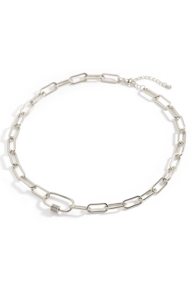 Link Chain Necklace with Pave Carabiner Clasp, Alternate, color, Silver