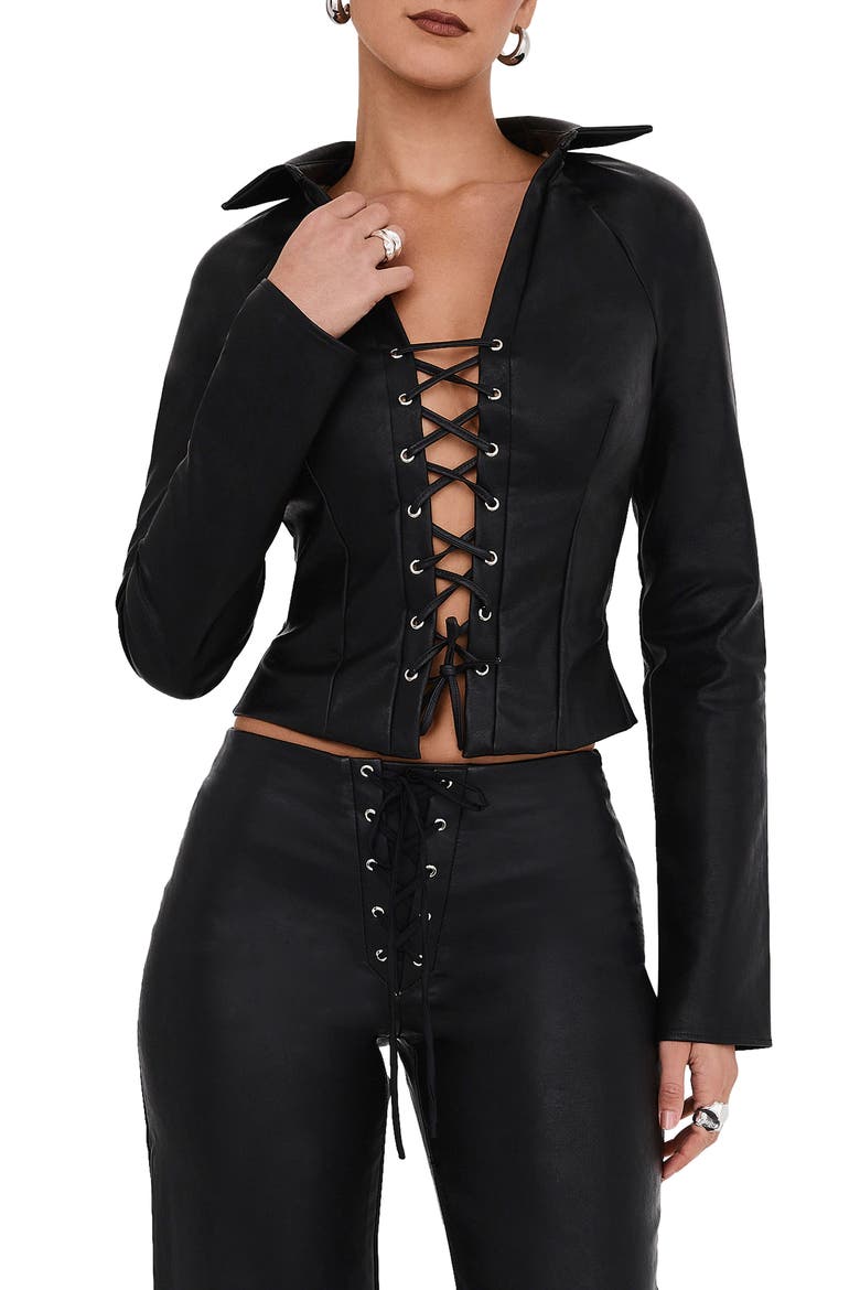 Lace-Up Faux Leather Top, Main, color, BLACK