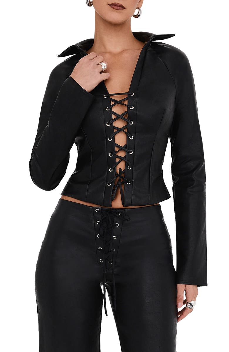 Mistress Rocks Lace-Up Faux Leather Top, Main, color,