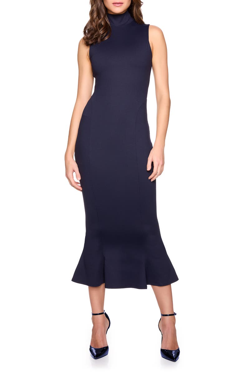 Susana Monaco Mock Neck Trumpet Hem Midi Dress, Main, color, Midnight