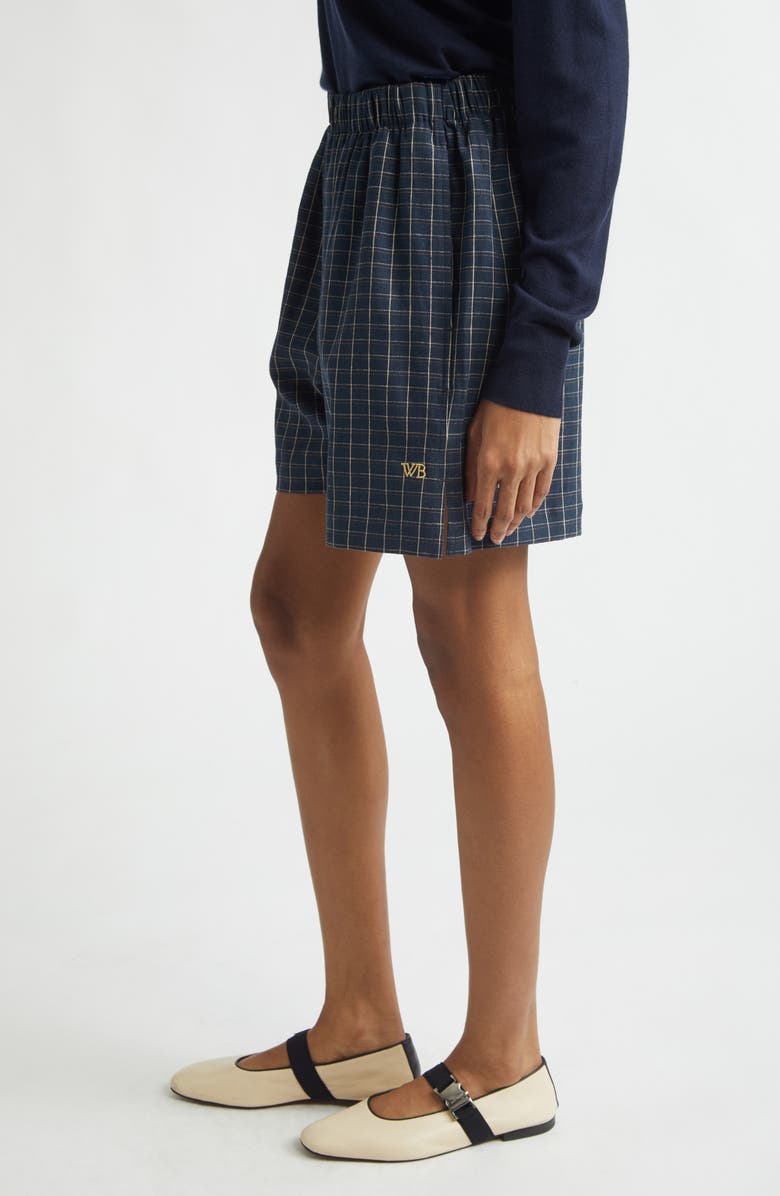 Wales Bonner Sunday Check Linen Shorts, Alternate, color, Navy / Ivory / Rust