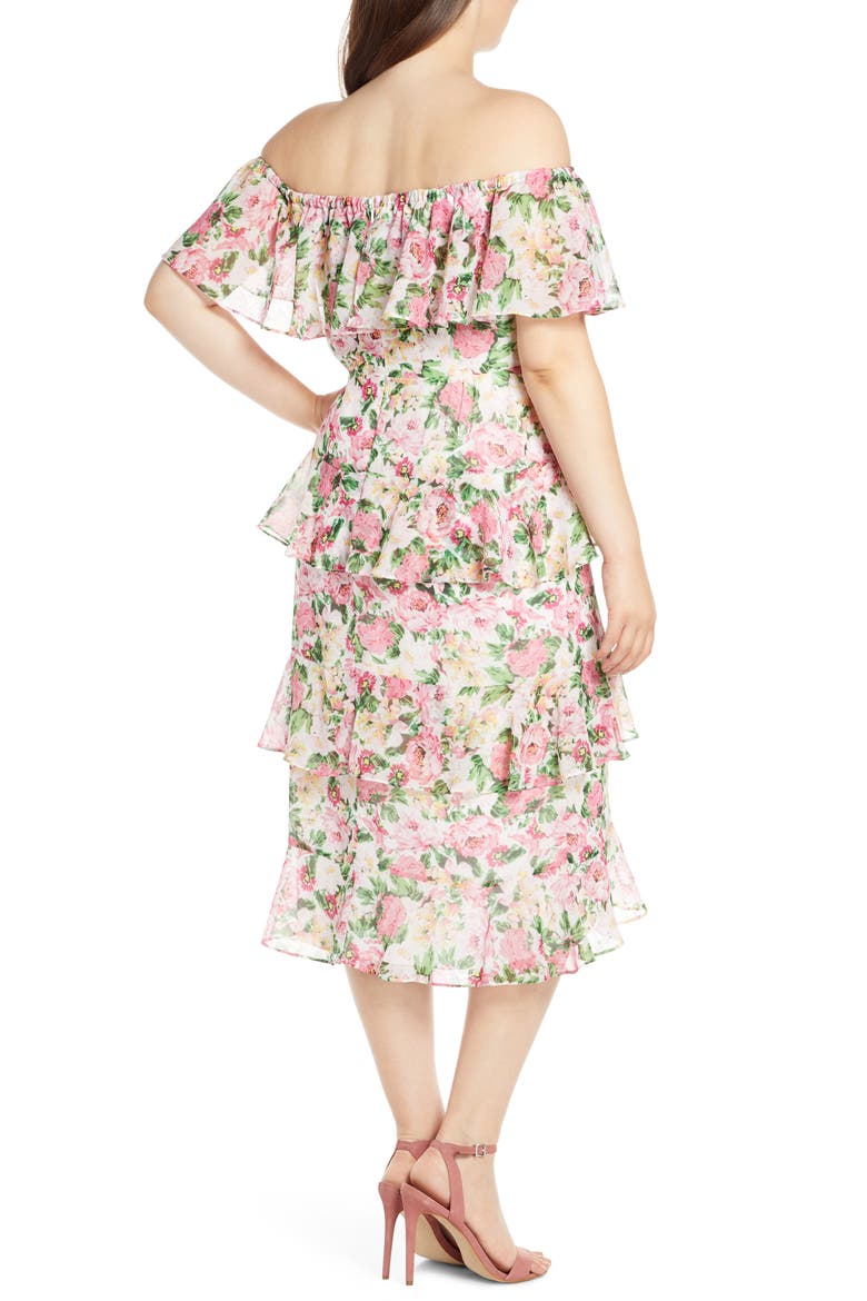 Off the Shoulder Midi Dress, Alternate, color, IVORY PINK ROSE PRINT
